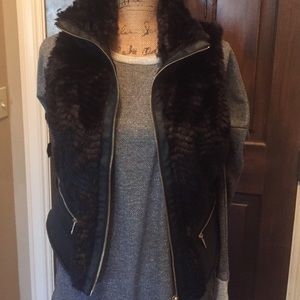 Black faux fur with vegan leather trim